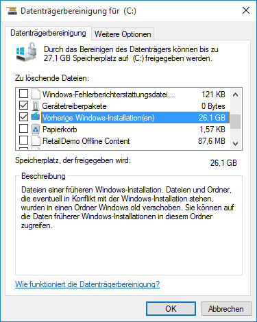 Datenträgergereinigung - Vorherige Windows-Installation(en)